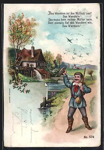 Lithographie Wanderer schwenkt seinen Hut an der Mühle