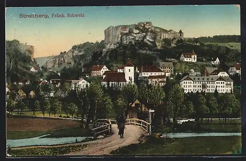 AK Streitberg / Fränk. Schweiz, Ortsansicht, Flusspartie mit Brücke