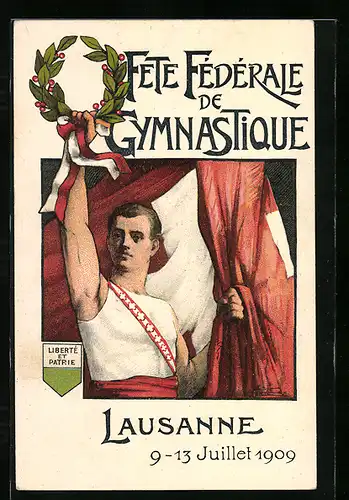 AK Lausanne, Fete-Fédérale de Gymnastique 1909, Turner mit schweizer Fahne