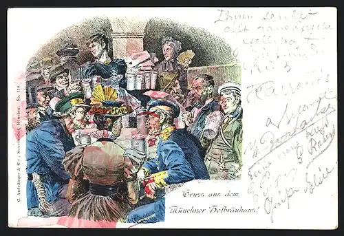 Lithographie Gesellige Runde im Münchner Hofbräuhaus