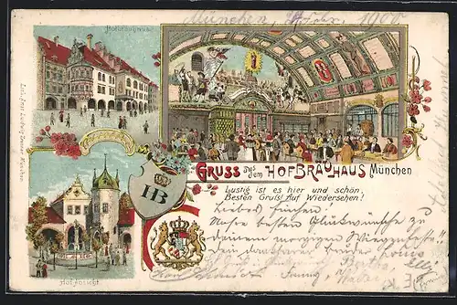 Lithographie München, Münchner Hofbräuhaus, Hofansicht, Innenansicht