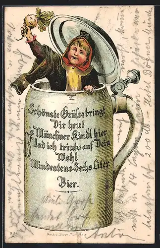 Lithographie Münchner Kindl im Bierkrug