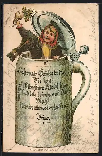 Lithographie Münchner Kindl im Bierkrug