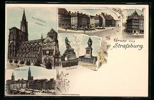 Lithographie Strassburg, Münsterplatz, Münster, Gutenberg-Platz