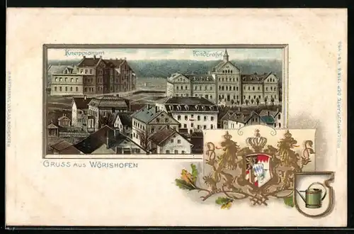 Passepartout-Lithographie Bad Wörishofen, Teilansicht m. Kneippianum u. Kinderasyl, Wappen