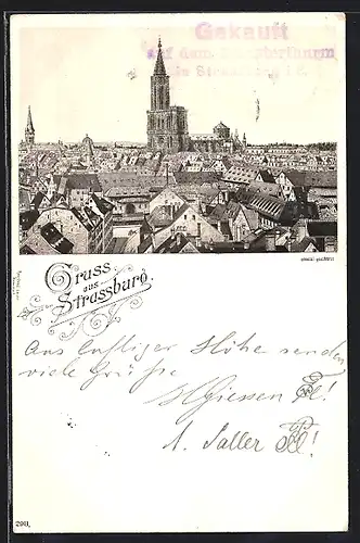 Lithographie Strassburg, Gesamtansicht mit Münster