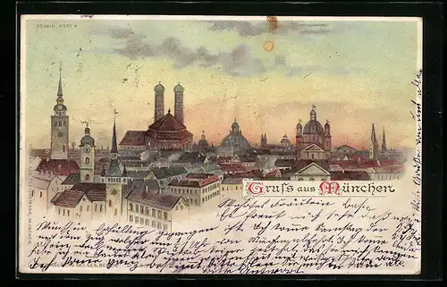 Lithographie München, Frauenkirche, St. Peter, Theatinerkirche u.a., Lichter in den Fenstern, Halt gegen das Licht