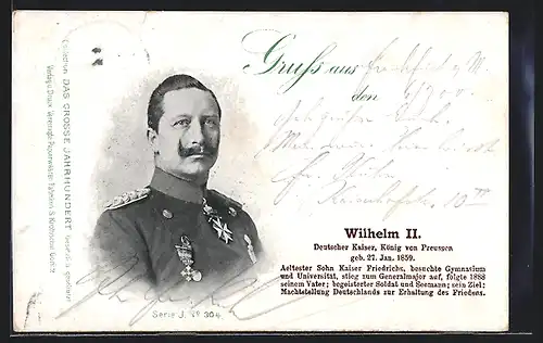 AK Kaiser Wilhelm II., Deutscher Kaiser, König von Preussen mit Abzeichen auf Uniform