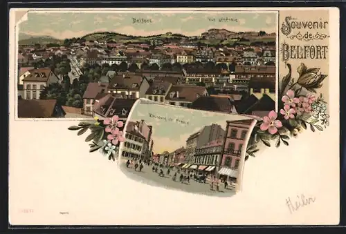 Lithographie Belfort, Vue générale, Faubourg de France