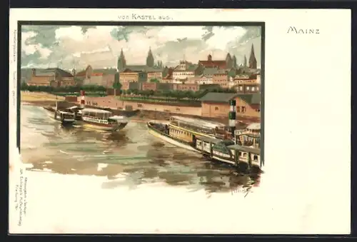 Künstler-Lithographie Carl Münch: Mainz, gesehen von Kastel aus