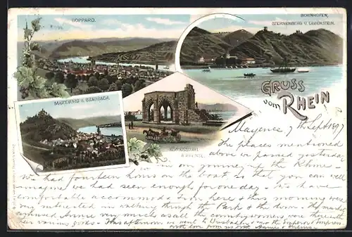 Lithographie Boppard, Panorama, Sternenberg und Liebenstein, Königsstuhl & Marxburg