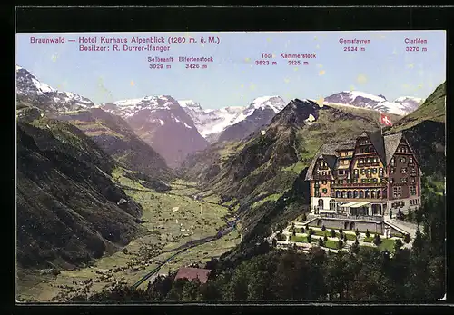 AK Braunwald, Hotel Kurhaus mit Alpenpanoramablick, Tödi, Clariden