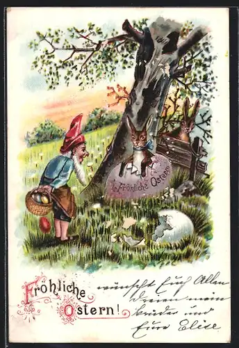 Lithographie Zwerg sieht Osterhasen aus dem Ei schlüpfen