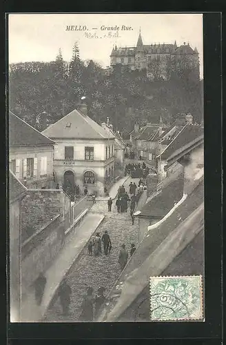 AK Mello, Grande Rue, Strassenpartie am Rathaus, Blick zum Schloss