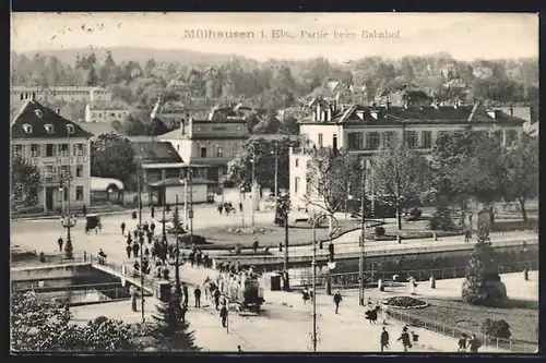 AK Mülhausen, Partie beim Bahnhof, Pferdegespann