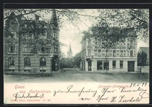 AK Aschersleben, Johannis-Promenade mit Haus Otto Weinmeister und Kirche