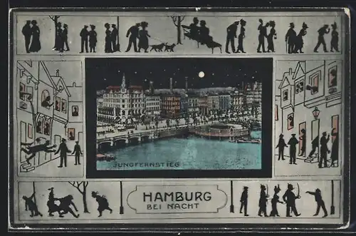 AK Hamburg-Neustadt, Jungfernstieg & Hamburger Typen bei Nacht