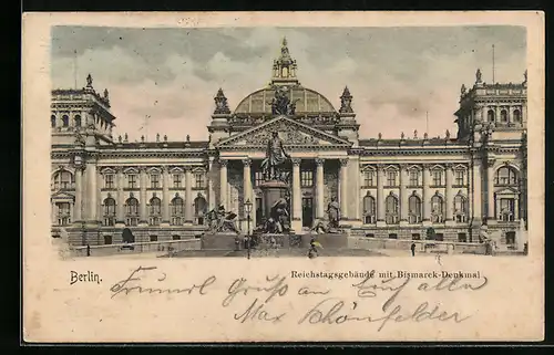 AK Berlin, Reichstagsgebäude mit Bismarck-Denkmal