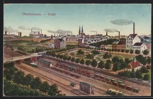 AK Oberhausen, Totalansicht mit Eisenbahn