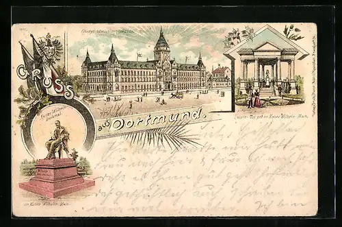 Lithographie Dortmund, Oberpostdirectionsgebäude, Luisen-Tempel im Kaiser Wilhelm Hain u. Denkmal