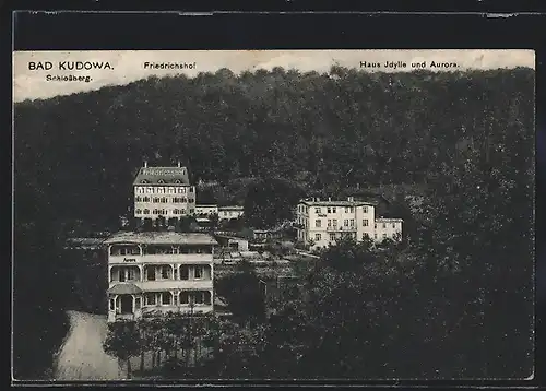 AK Bad Kudowa, Schlossberg, Friedrichshof, Haus Idylle und Aurora