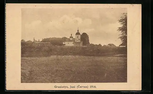 AK Gruziatyn, Cerven 1916, Ortspartie mit Kirche