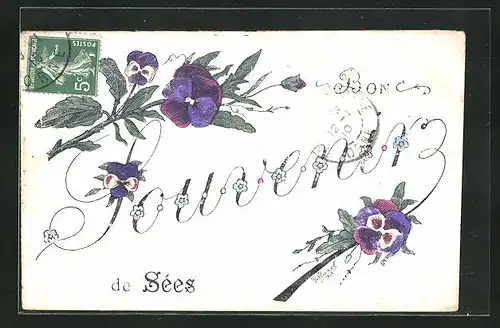 AK Sees, Bon Souvenir, Blütenschrift