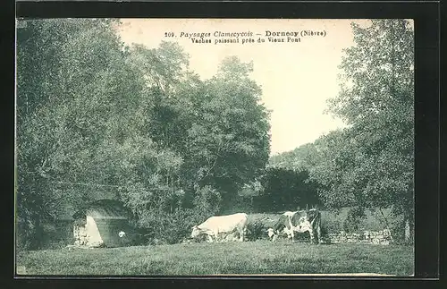 AK Dornecy, Paysages Clamecycois, Vaches paissant prés du Vieux Pont