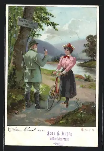 Lithographie Jäger belehrt die junge Frau mit dem Fahrrad, Für Radfahrer verboten!