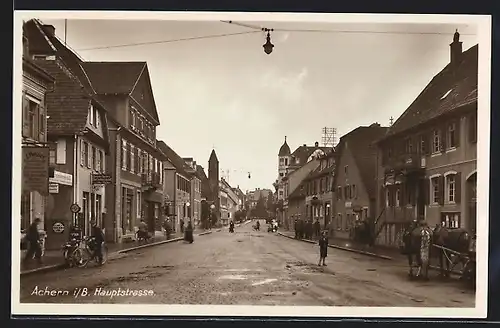 AK Achern, Hauptstrasse, Strassenpartie mit Geschäft J. Pelzer, Buchbinder Otto Kleber u.a.