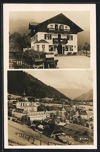 AK Ettal, Ortsansicht mit Kloster Ettal, Gasthof zur Post, Bes. Ludwig Fischer