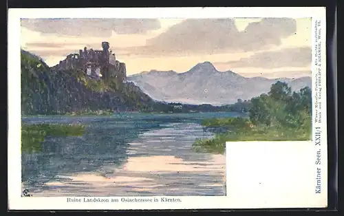 Künstler-Lithographie Philipp + Kramer Nr. XX /1: Seestimmungen, Ruine Landskron am Osiachersee