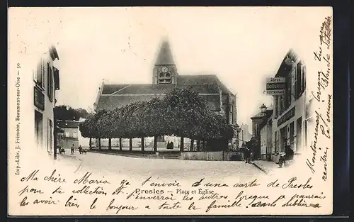 AK Presles, Place et Eglise, Blick auf Kirche