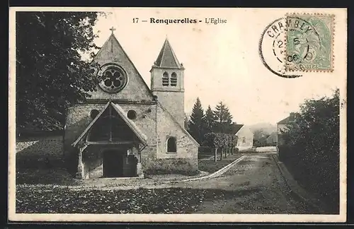 AK Ronquerolles, L`Eglise vom Weg aus