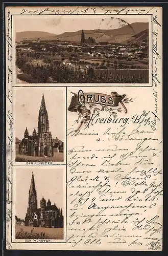 Vorläufer-Lithographie Freiburg i. B., 1893, Das Münster aus unterschiedlichen Perspektiven, Panorama