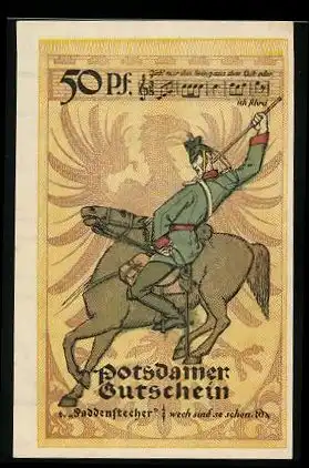 Notgeld Potsdam 1921, 50 Pfennig, Kavallerist Nr. 6 Paddenstecher in Uniform zu Pferd, Wappen