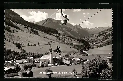 AK Saalbach, Ortspartie mit Kirche und Seilbahn