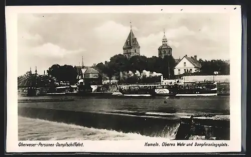 AK Hameln, Oberes Wehr und Dampferanlegeplatz der Oberweser-Personen-Dampfschiffahrt, Dampfer Kaiser Friedrich