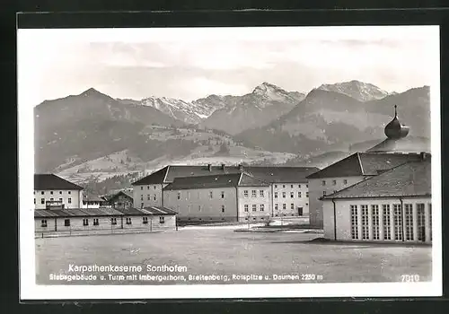 AK Sonthofen, Karpathenkaserne, Stabsgebäude und Turm mit Imbergerhorn, Breitenberg, Rotspitze und Daumen