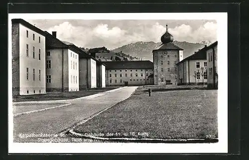 AK Sonthofen, Karpathenkaserne, Gebäude der 11. und 10. Kompanie, Stabsgebäude, Turm und Wirtschaftsgebäude