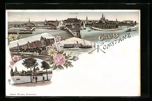 Lithographie Konstanz, Totalansicht, Rheinbrücke