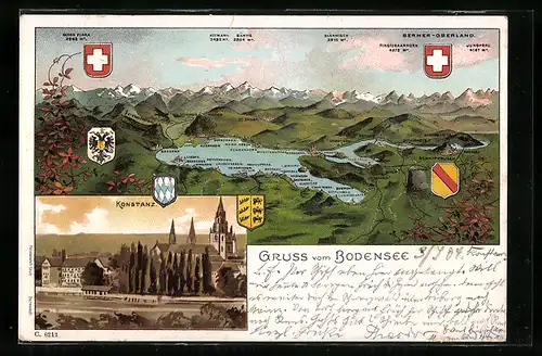 Lithographie Konstanz, Ortspartie mit Kirchen, Bodensee aus der Vogelschau, Wappen