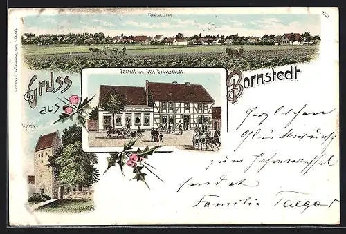 Lithographie Bornstedt, Gasthaus Otto Drevenstedt, Kirche