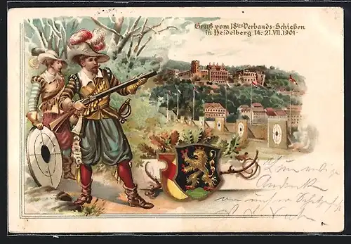 Lithographie Ganzsache PP1529 /02: Heidelberg, 18. Verbands-Schiessen 1901, Wappen, Schützenverein