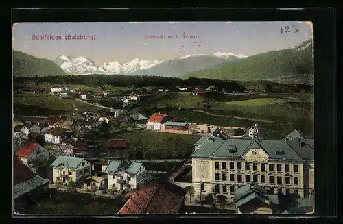 AK Saalfelden, Ortsansicht, Vormarkt mit hohen Tauern