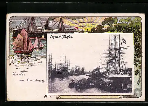 Passepartout-Lithographie Hamburg, Segelschiffe und Dampfer am Hafen bei Sonnenaufgang