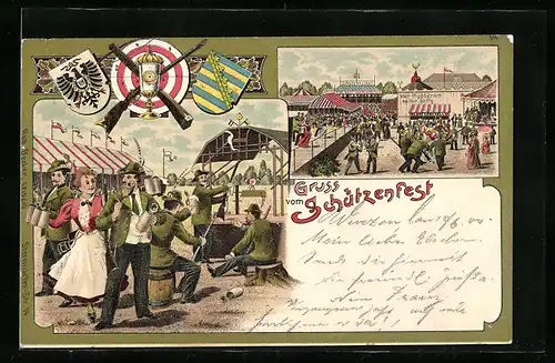 Lithographie Gruss vom Schützenfest, Festplatz mit Welt-Hippodrom, Zechende Schützen