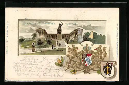 Passepartout-Lithographie München, Bavaria mit Ruhmeshalle, Wappen, Münchener Kindl
