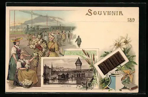 Lithographie Lucerne, Chocolat Suchard, Ortspartie mit Kapellbrücke