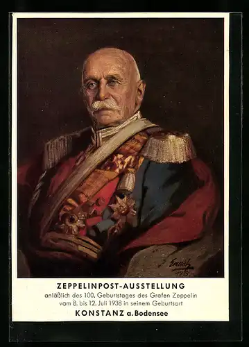 AK Konstanz, Zeppelinpost-Ausstellung 1938, Portrait Graf Zeppelin in Paradeuniform mit Epauletten